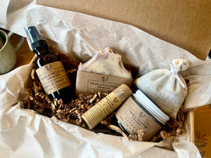 Gift Box with Lavender-infused products: natural soap, spray, lip butter, facial mask, lavender sachet