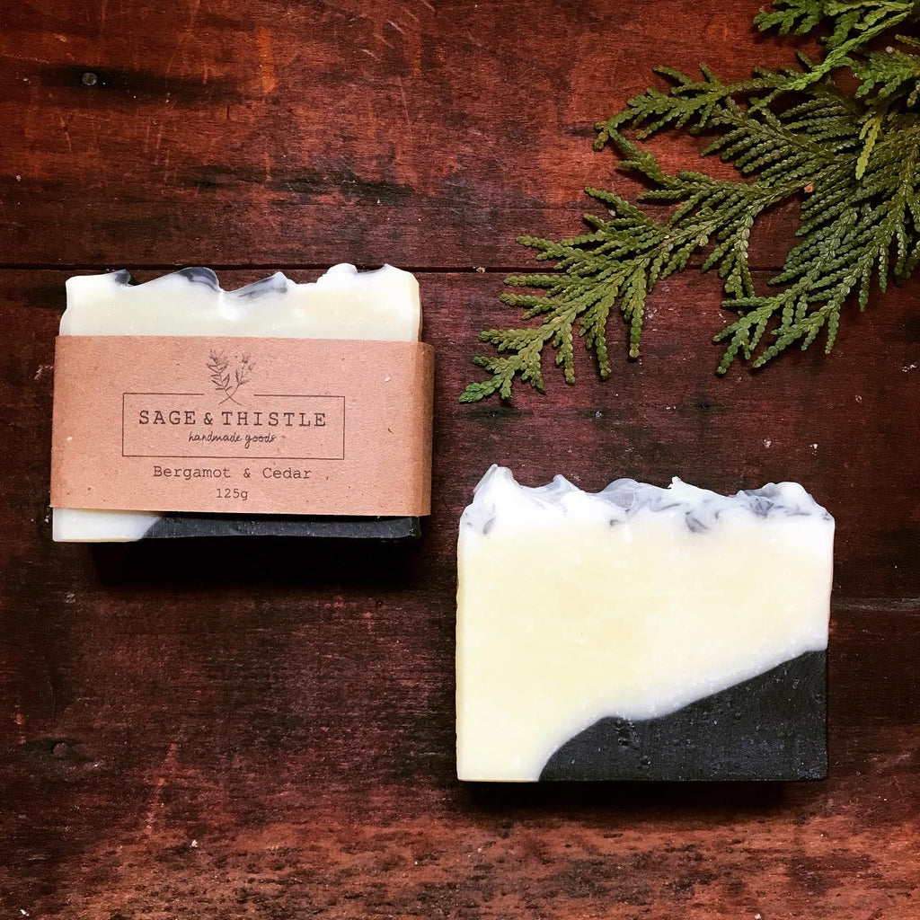 Natural Vegan Bar Soap made with woodsy essential oils, organic olive oil, and activated charcoal. 