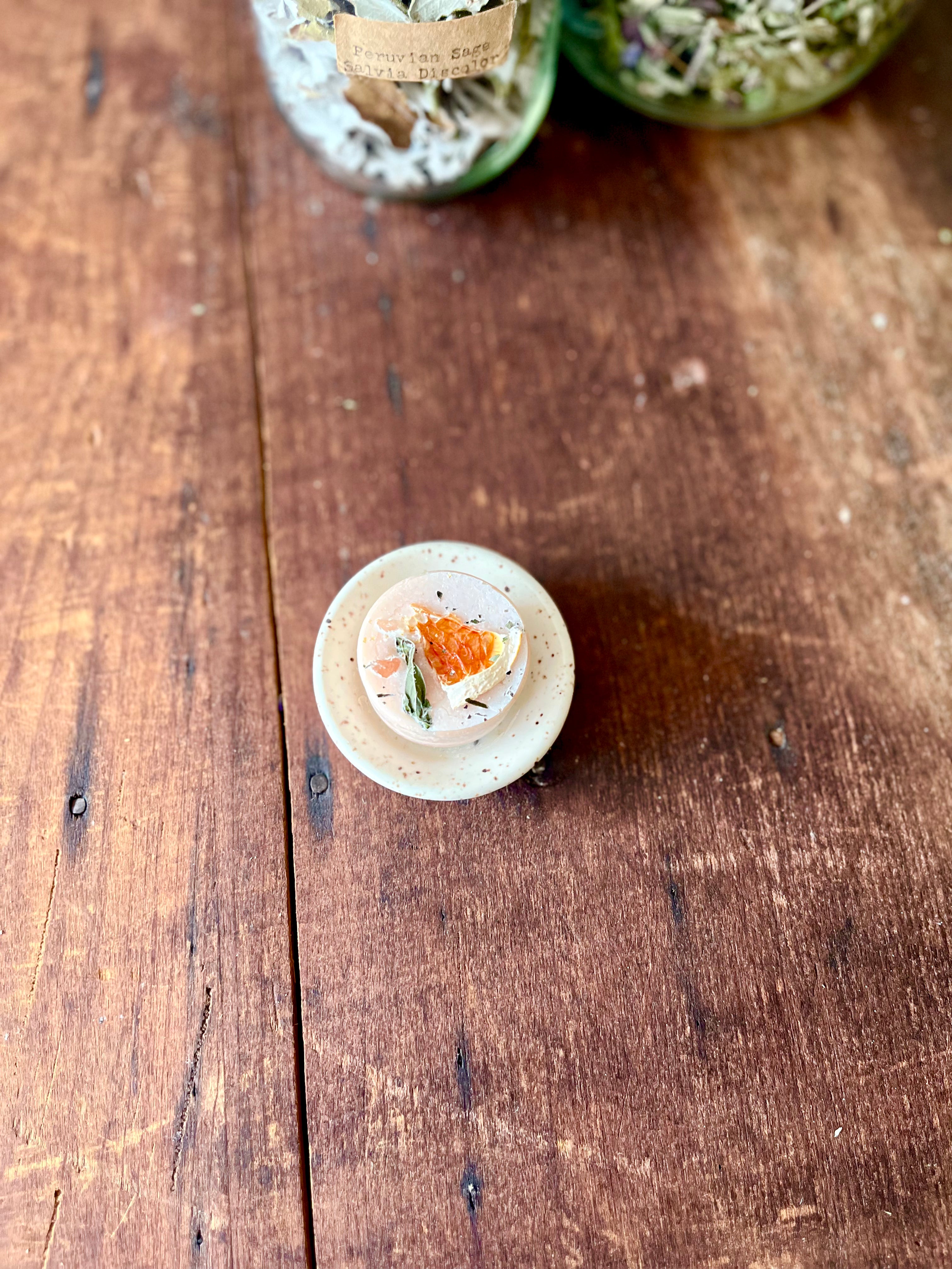 Round Mini Soap with Grapefruit & Garden Mint Himalayan Salt on mini ceramic soap dish