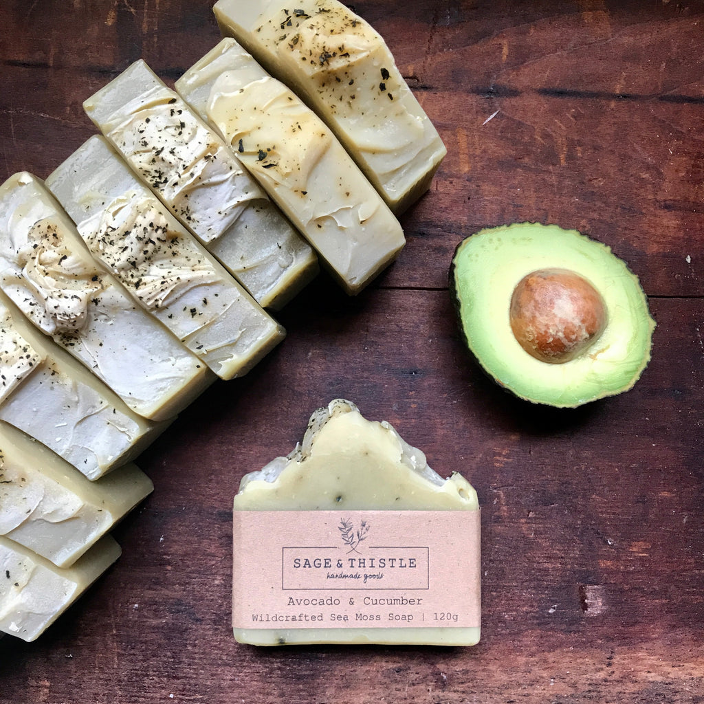 Artisanal Vegan Bar Soap made with organic avocado, sea moss gel, and essential oils