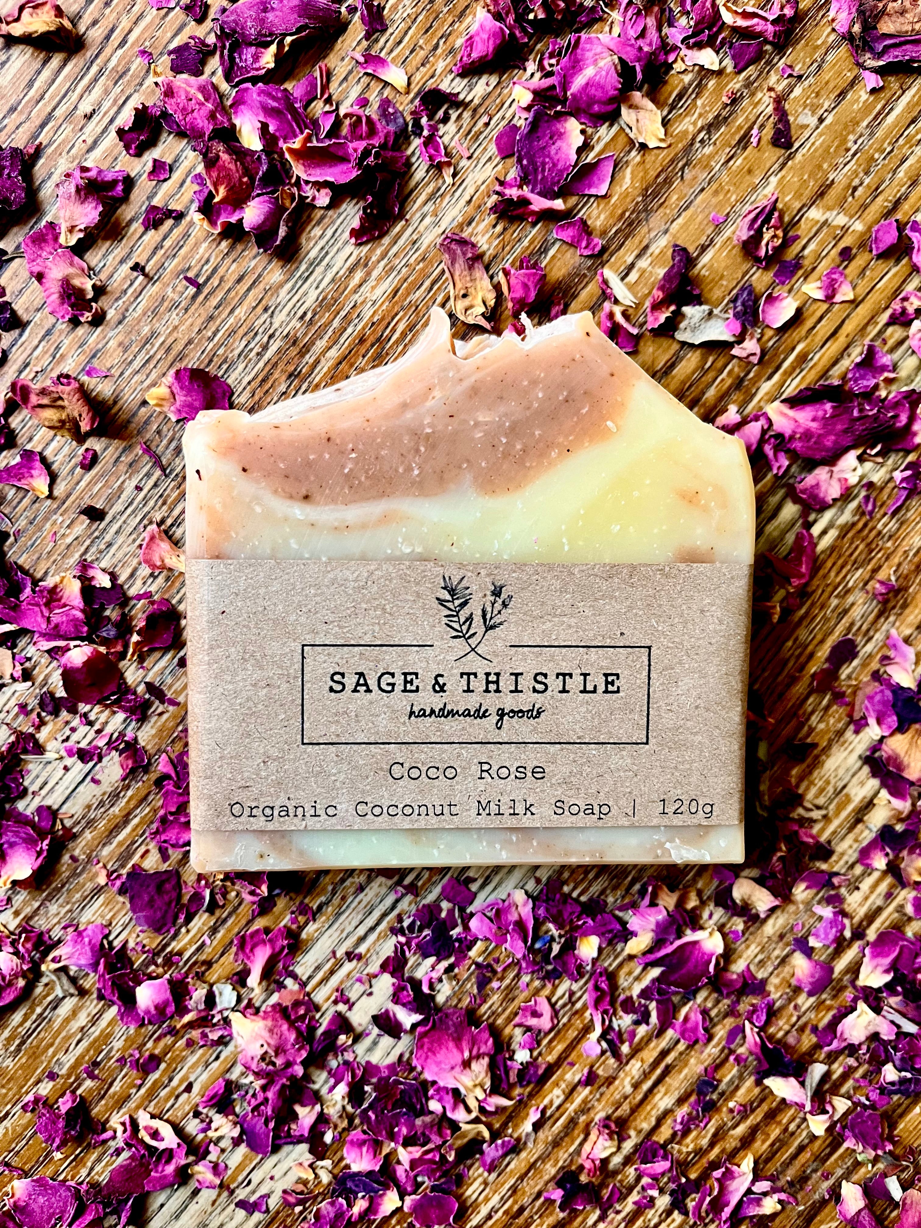 Natural vegan bar soap made with organic coconut milk, roses, and French Pink Clay. Great facial and body soap for all skin types.