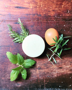 Natural, Round solid Shampoo Bar made with Egg Yolks, Rosemary, Nettles, and Cedar. For all hair types.